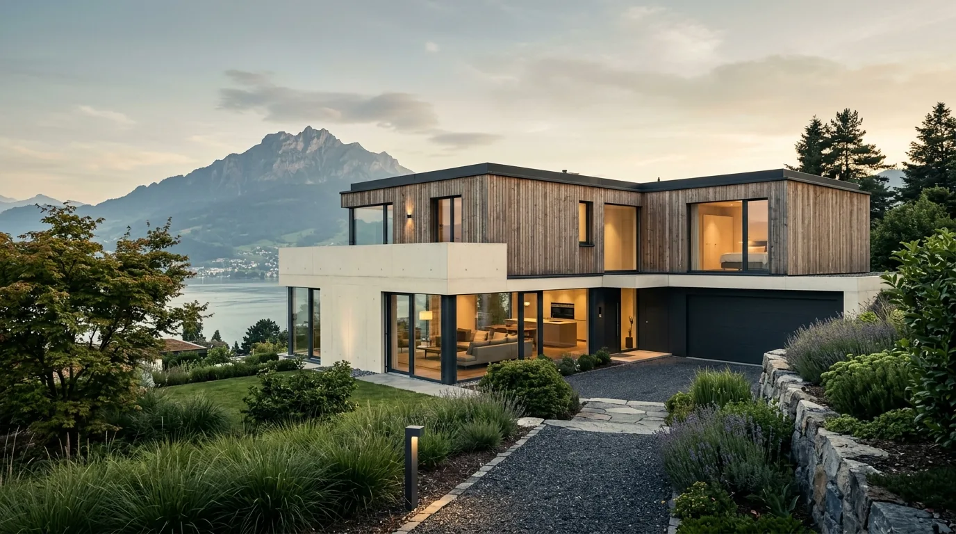 Modernes, fertiggestelltes Einfamilienhaus in der Zentralschweiz mit Blick auf den Vierwaldstättersee